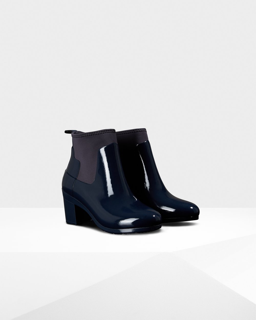 Women Hunter Refined Slim Fit Gloss Mid | Heeled Boots Navy | NZ-38742-WPJL